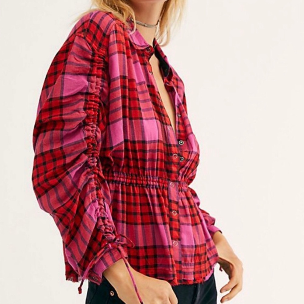 NWT Free People Valentine Pink Red Plaid Peplum Top XS